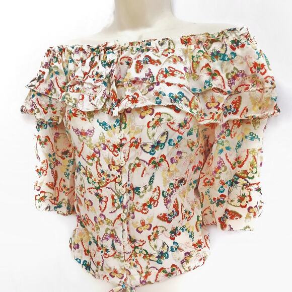 Zadig & Voltaire Butterfly Silk Blouse | Off Shoulder Ruffle Top Boho Romantic - Picture 3 of 16